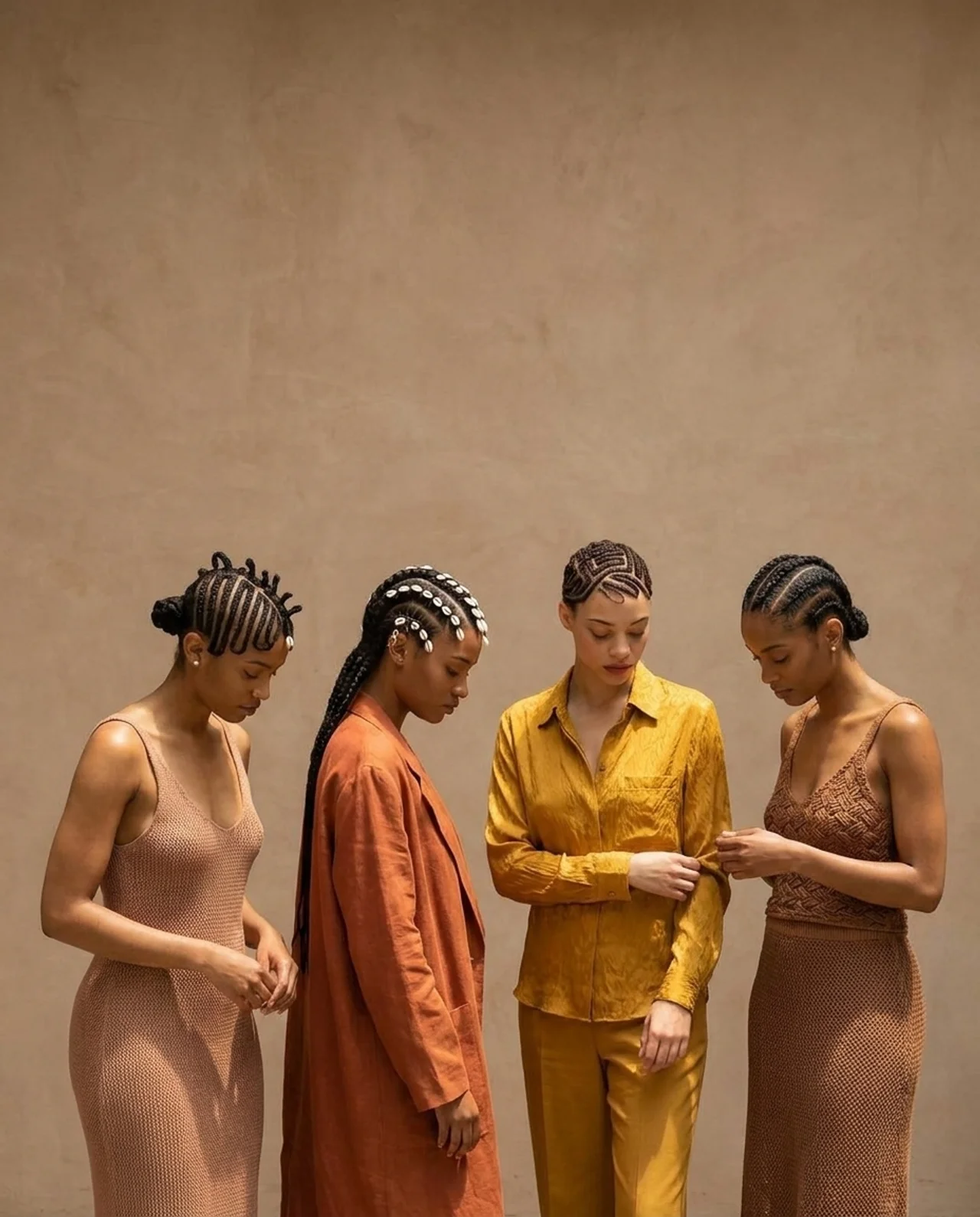 Four women together, each wearing distinct braided hairstyles with clean, precise partings