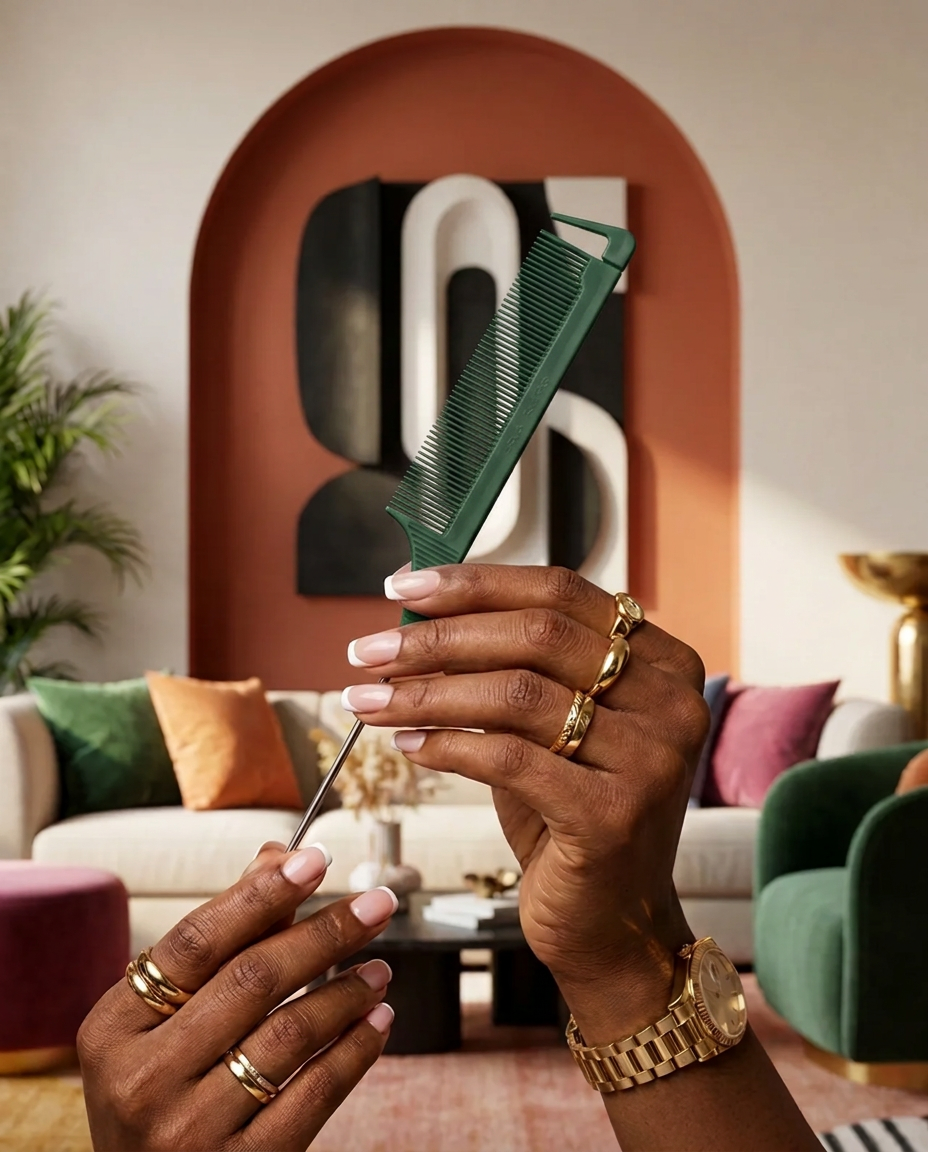 Hands adorned with gold rings holding the PERFECT PART comb in a warm, art-filled interior